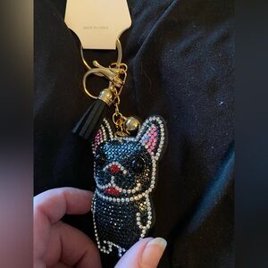 Bling! Rhinestone Black Bulldog Puffy Tassel Keychain Charm